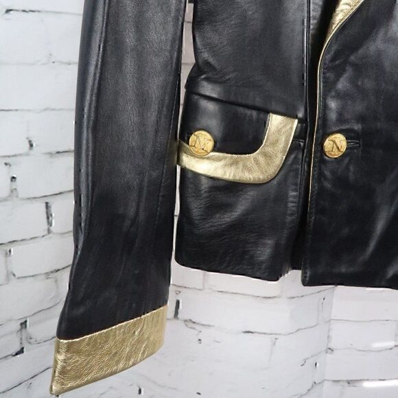 MICHAEL HOBAN NORTH BEACH LEATHER BLACK GOLD VINTAGE LEATHER JACKET SIZE 5/6 - Picture 6 of 13